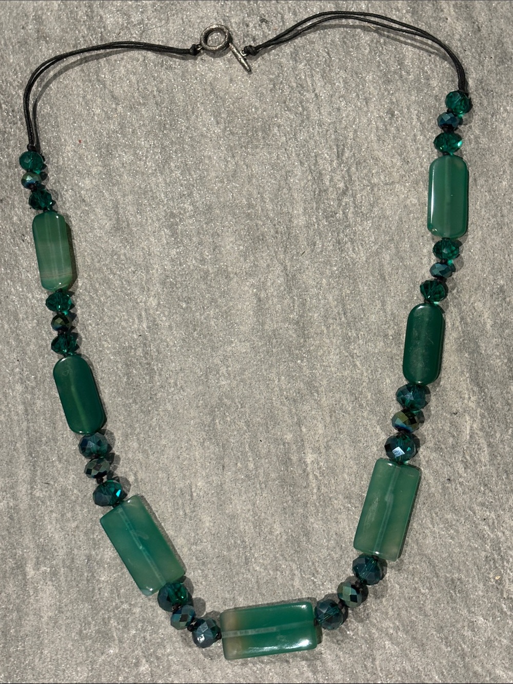Green Dark Teal Art Glass Beaded Necklace Elegant Women’s Jewelry 35.5”